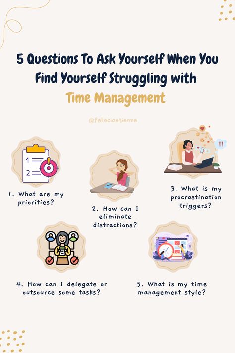 You're juggling a lot of balls, and you're feeling overwhelmed. You know you need to get your time under control, but you don't know where to start. Time management can be daunting, but it's not impossible. These five questions will help get you started on the right path. Time management | Time management tips | Time management strategies | Personal development | Personal development goals #productivity #time #strategies #tipsandhacks Time Management Group Activities, Time Management In College, Tips For Time Management, 8 8 8 Rule Time Table, How To Improve Time Management Skills, Planning Tips Time Management, Mind Management Not Time Management, Time Management Exercise, How To Manage Time Student