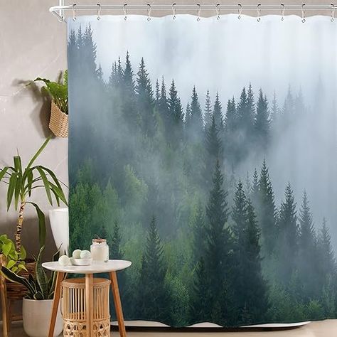 Amazon.com: Homewelle Forest Shower Curtain for Bathroom 60Wx72H Foggy Mountain Green Pine Tree Woodsy Misty Cloudy Nature Men Teen Pinewood Landscape Scenic Woodland Rainforest Waterproof Polyester Fabric : Home & Kitchen Cloudy Nature, Forest Shower Curtain, Bathroom Flowers, Rustic Landscaping, Natural Bathroom, Plastic Shower Curtain, Pine Trees Forest, Foggy Mountains, Flower Shower Curtain