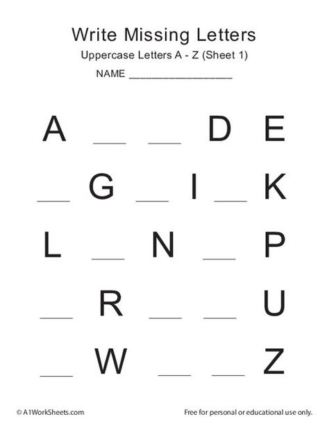 Write Missing Letters (A-Z) Worksheets for Kindergarten Write Missing Alphabet Worksheet, Letters Revision Worksheets, A To Z Worksheet Kindergarten, Alphabet Revision Worksheets, Literacy Worksheets For Kindergarten, Missing Letters Worksheet Free Printable, A-z Worksheet, English Worksheet For Nursery Class, Preschool Writing Worksheets