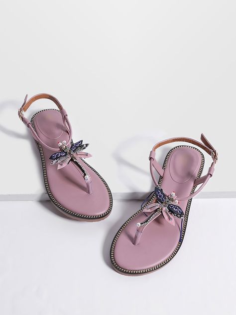 Shop Pink Dragonfly Detail Toe Post Flat Sandals online. SheIn offers Pink Dragonfly Detail Toe Post Flat Sandals & more to fit your fashionable needs. Edgy Sandals, Bridal Shoes Wedges, Romance Perfume, Flat Slippers Sandals, Pink Dragonfly, Fly Shoes, Footwear Design, Jeweled Sandals, Handmade Sandals