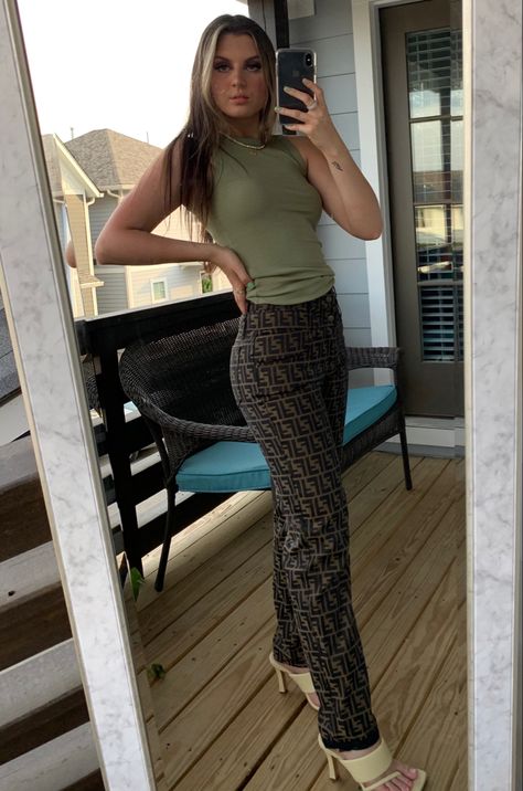 Y2k fendi outfit Fendi Heels Outfit, Fendi Pants Outfit, Vintage Fendi Bag Outfit, Fendi Iconic Looks, Fendi Jeans, Fendi Outfit, Fendi Trousers, Fendi Pants, Pants Outfit