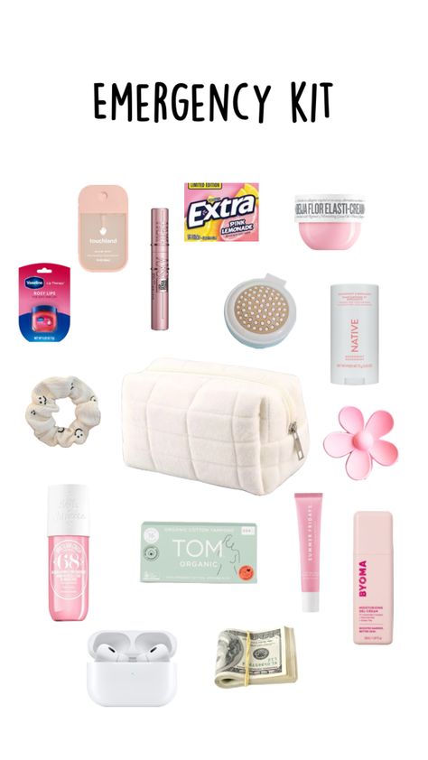 Emergency kit #emergencykit #emergency #makeup #school #teenage #preppy #fyp #aesthetic High School Essentials, Kit For School, Vaseline Rosy Lips, Preppy Birthday Gifts, School Emergency Kit, Healthy Period, Uni Bag, Period Kit, Fyp Aesthetic