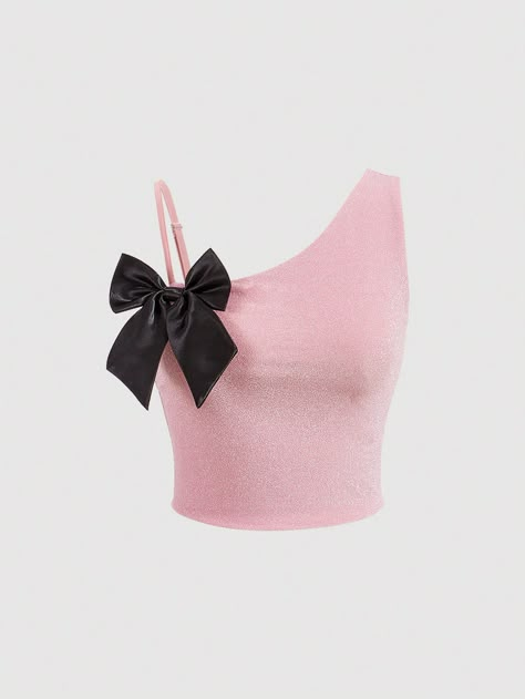 Pink Casual,Party Collar Sleeveless Knitted Fabric Colorblock,Plain  Embellished Medium Stretch  Women Clothing Spring Summer Capsule Wardrobe, Asymmetrical Collar, Outing Outfit, Middle Eastern Fashion, Bow Decor, Fashionista Clothes, Dolce E Gabbana, Pink Top, Kpop Outfits