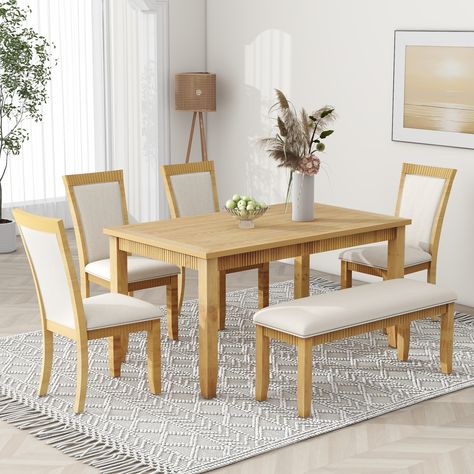 [6-piece Dining Table Set] This kitchen table set includes 1 rectangular table, 4 upholstered chairs, and 1 bench, providing seating for 6 people. The 60"x36" tabletop allows ample room for either family or friends to sit comfortably. Rustic Dining Table Set, Solid Wood Kitchens, Solid Wood Dining Set, Dining Furniture Sets, Dining Room Table Set, Kitchen Dining Sets, Kitchen Table Settings, Solid Wood Table, Dining Table Set