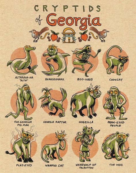 "Here we go to the Land of the Peach, cryptids of GEORGIA are here! Featuring some cute cuddlies like ALTIE and BEAVERSHARK, the GEORGIA PIGMAN, the terrifying BOO-HAG, and my new favorite THE WEREWOLF OF TALBOTTON, among many others! What better way to celebrate your state pride than with its mythological creatures? Original drawing Scanned and printed on 11\"W x 14\"H Epson Premium Photo Paper Shipped in a plastic sleeve, protected in a photo envelope!" Cryptids Of Arkansas, Cryptids Of Wisconsin, Cryptids Of Georgia, Cryptids Of Arizona, Southern Cryptids, California Cryptids, Ohio Cryptids, Cute Cryptids, Boo Hag