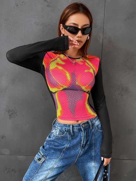 Multicolor Sexy Collar Long Sleeve Knitted Fabric Figure  Embellished Slight Stretch  Women Clothing Body Heat Map Outfit, Body Heat Shirt Outfit, Body Print Top, Aura Core, Thrift Bundle, Printed Top Outfit, Primark Outfit, 2023 Clothing, Heat Map