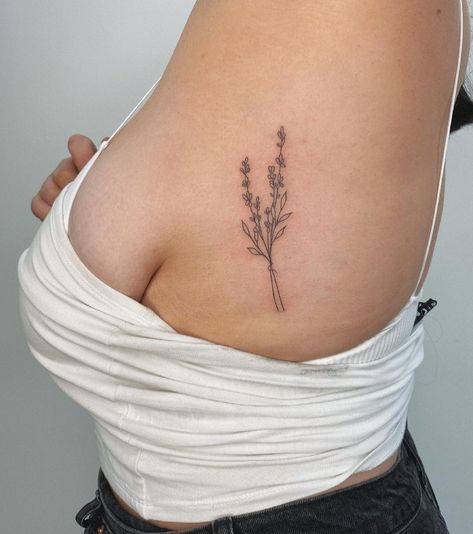 Lavender Stamp Tattoo, Lavender Tattoo Ribs, Lavender Rib Tattoo, Lavender Menace Tattoo, Lavender Bouquet Tattoo, Lavender Plant Tattoo, Fine Line Lavender Tattoo, Lavender Tattoo Black, Lavender Flower Tattoo