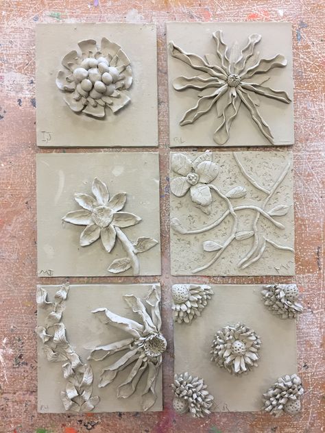 3d Flower Tiles, Ceramic Flower Tiles, Clay Tile Art Ideas, Tile Clay Ideas, Clay Bas Relief, Bas Relief Tile, Ceramic Slabs Tiles, Relief Tiles Ceramics, Clay Tiles Designs