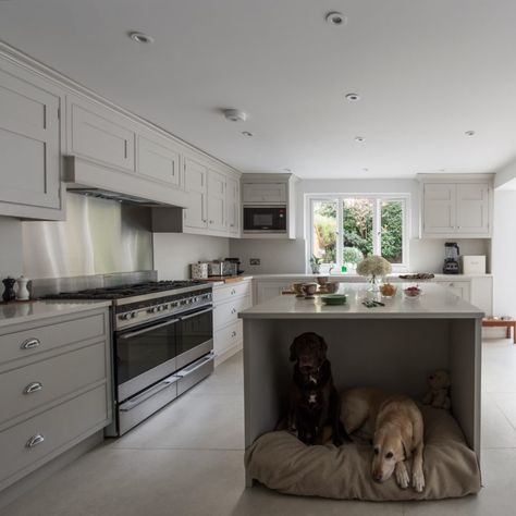 Large grey kitchen with island and dog bed Grey Kitchen With Island, Kitchen With Island, Kitchen Remodel Cost, Dog Kitchen, Kitchen Island Decor, Modern Kitchen Island, Amazing Kitchen, Cabinets Diy, Grey Kitchens