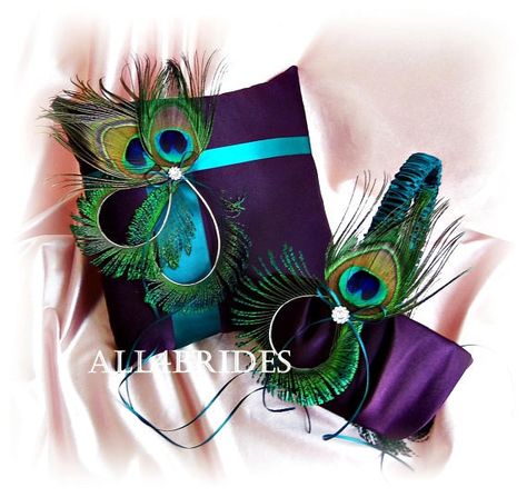 Peacocks Feathers, Feather Wedding Decorations, Teal Rings, Feathers Wedding, Peacock Wedding Theme, Wedding Ring Bearer Pillow, Purple Wedding Theme, Purple Peacock, Peacock Colors