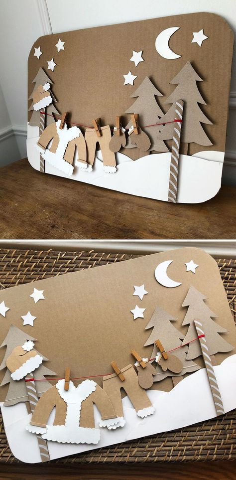 Christmas Decorations Out Of Cardboard, Cardboard Holiday Decor, Christmas Decor Diy Cardboard, Cardboard Box Crafts Christmas, Christmas Cardboard Diy, Christmas Paper Art, Cardboard Crafts Christmas, Christmas Card Art For Kids, Santa Grotto Ideas