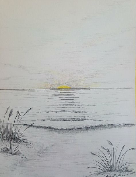 Sunrise Drawing, Beach Sketches, Landscape Pencil Drawings, Sea Drawing, Beach Drawing, Walls Art, Pen Art Work, Scene Drawing, Landscape Sketch