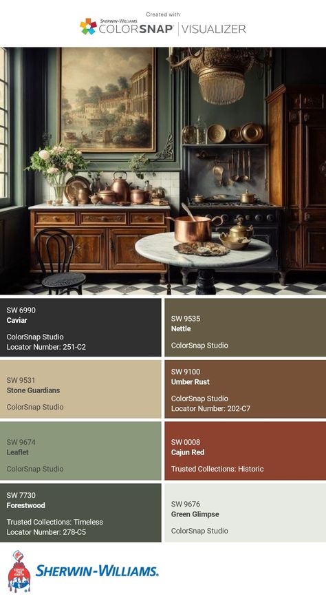 I just created this color palette with the Sherwin-Williams ColorSnap® Visualizer app on my Android phone. What do you think? You can learn more about ColorSnap Visualizer and get it on your phone free by visiting https://www.sherwin-williams.com/content/colorsnap.html. Bosc Pear Sherwin Williams, Black Walnut Color Palette, Tavern Color Palette, Cottagecore Color Palette Sherwin Williams, Victorian Airbnb, Walnut Color Palette, Cabin Color Palette, Witchy Color Palette, Tuscan Color Palette