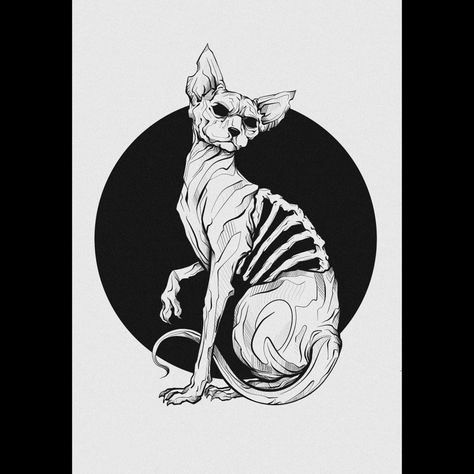 Digital drawing. Sphinx cat and half skeleton Sphinx Tattoo Cat, Rockstar Cat Drawing, Skeleton Cat Art, Schrodinger Cat Tattoo, Demon Cat Drawing, Victor Vallakovich, Evil Cat Drawing, Skeleton Cat Drawing, Sphinx Cat Drawing