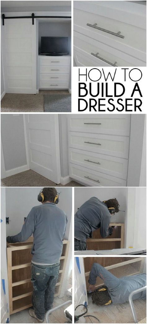 This is an extremely comprehensive and detailed tutorial that's broken up into three parts to show you how to build the frame, drawers and how to assemble ... Hidden Dresser, Build Dresser, Closet Remodel Diy, Dresser Projects, Diy Built In Wardrobes, Diy Built Ins, Dresser In Closet, Built In Dresser, Closet Built Ins