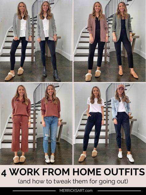 Work From Home Outfits That Are Comfy (4 Looks - Merrick's Art ) Work To Casual Outfits, Cozy Work Outfit Casual, Cozy Outfit Work, Wear At Home Outfits, Comfy Friday Work Outfit, Winter Work From Home Outfits For Women, Work From Home Outfit For Zoom, Best Work From Home Outfits, Women Work From Home Outfits