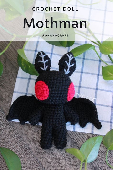 Mothman Amigurumi Pattern Free, Free Mothman Crochet Pattern, Crochet Mothman Pattern Free, Crochet Spooky Pattern Free, Weird Amigurumi Free Pattern, Wendigo Crochet Pattern, Crochet Cryptid Pattern, Moth Man Crochet, Crochet Mothman Free Pattern