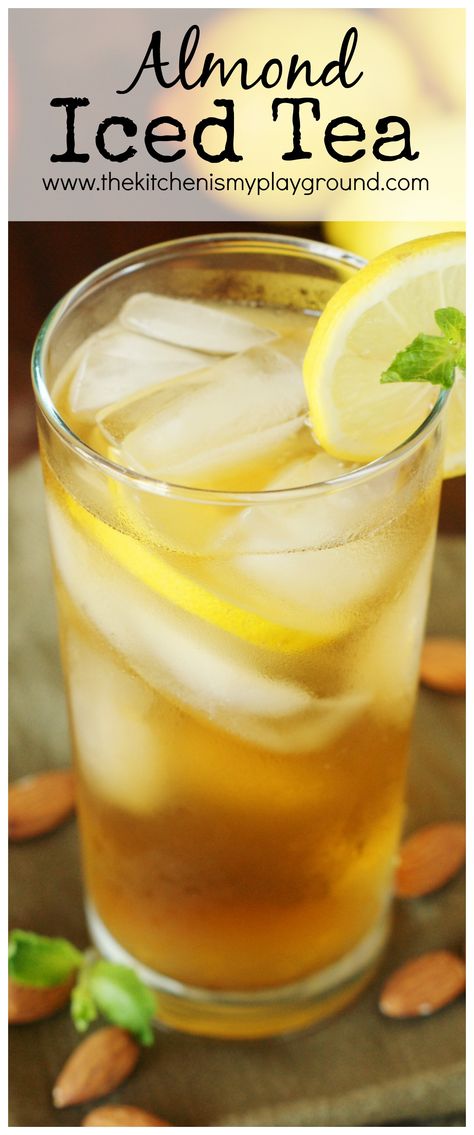 Almond Iced Tea ~ a refreshing and flavorful twist on your sweet tea!   www.thekitchenismyplayground.com Healthy Iced Tea, Iced Tea Recipes Homemade, Homemade Iced Tea, Sweet Tea Recipes, Almond Tea, Homemade Tea, Iced Tea Recipes, Almond Flavor, Fruit Tea