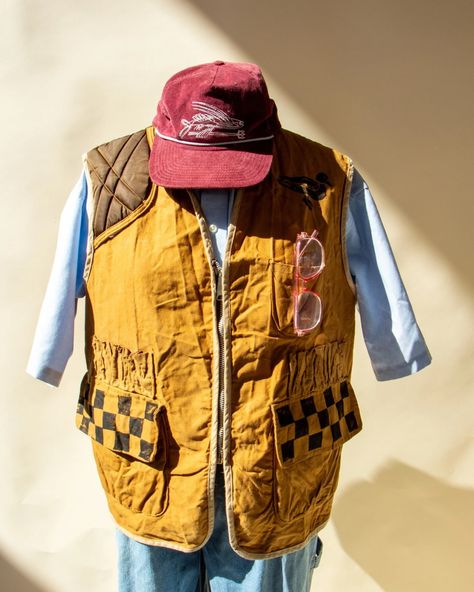 Somewhere between dad core & masc lesbians lives this outfit 🎣 reworked fishing/hunting vest (it’s waterproof - HOT) 💎 fishing lure pin ✨ set your alarm for Thursday at NOON This vest is part of our new Thursday mini drops - only at Velvetoutlaw.com 👀 if you sign up for our email list you get first dibs at 7am on Thursdays when I send the shop early email #masc #dadcore #wlw #fishing #outdoors Dad Core, Masc Lesbian, Hunting Vest, At Noon, Fishing Lure, Hunting Fishing, Email List, Fishing Lures, Hunting