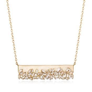 Ross-Simons - .59 ct. t.w. Baguette Diamond Bar Necklace in 14kt Yellow Gold - #870456 Delicate Jewellery, Diamond Bar Necklace, Buying Gold, Mangalsutra Designs, Precious Gemstones Jewelry, Fashion Pendant, Rings Rings, Business Dress, Cluster Necklace