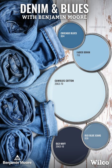 Blue Paint Colors For Bedroom Benjamin Moore, Denim Blue Wall Paint, Benjamin Moore Denim Blue Paint Colors, Old Blue Jeans Benjamin Moore, Navy Coastal Bathroom, Denim Bedroom Decor, Blue Jean Paint Color, Country Blue Aesthetic, Chambray Blue Color Palette