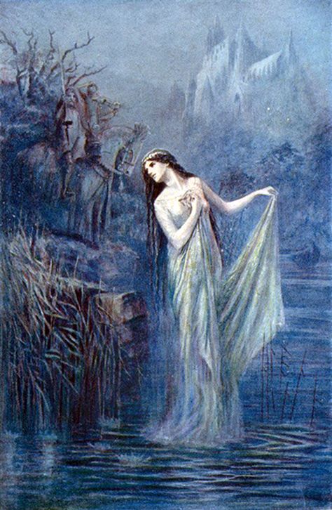 The Lady of the Lake. From “The Legends of King Arthur ...” (1912) illustrated by Lancelot Speed The Lady Of The Lake, Mists Of Avalon, Roi Arthur, Lady Of The Lake, Arthurian Legend, Martin Parr, Art Story, Pre Raphaelite, Children's Art