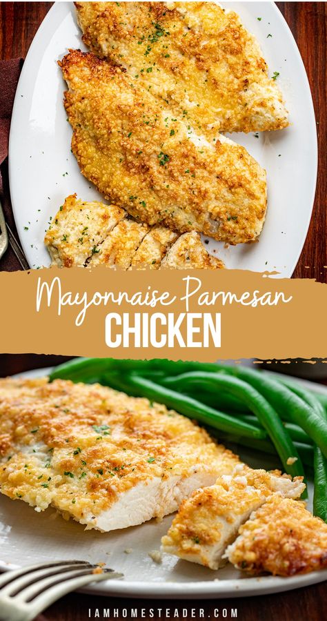 A white platter with three pieces of mayonnaise parmesan chicken and a metal plate with one piece of sliced mayonnaise parmesan chicken with green beans. Chicken Breast Recipes Baked, Chicken Breast Recipes Easy, Chicken Entrees, Easy Chicken Dinner Recipes, Chicken Tender Recipes, Parmesan Chicken, Chicken Dish, Dinner Recipes For Family, Main Course Recipes