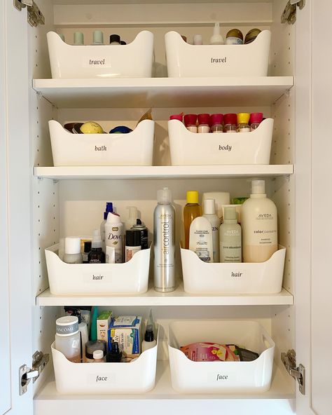 Organised Bathroom Cupboard, Small Bathroom Cupboard Organization, Bathroom Draws Organisation, Ikea Bins Storage, Ladybug Organization, Bathroom Cupboard Organization, Bathroom Cupboards, Bathroom Closet Organization, Bathroom Cupboard