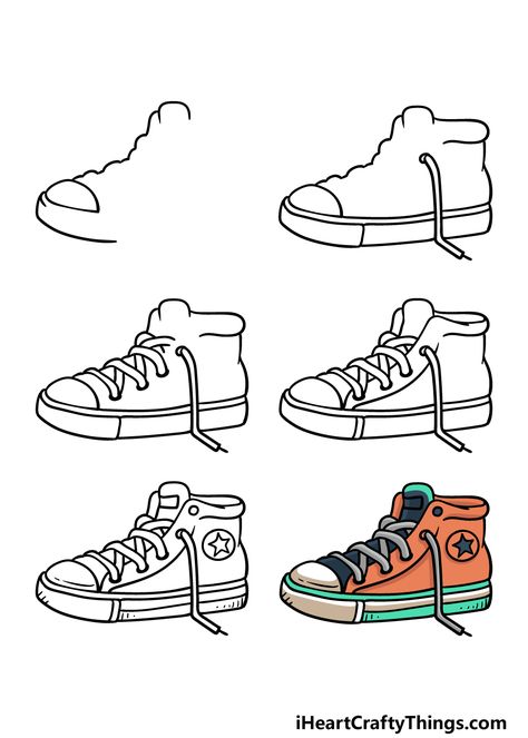 Sneakers Drawing - How To Draw Sneakers Step By Step Sneakers Drawing Reference, How To Draw Sneakers, Cartoon Sneakers Drawing, Sneaker Doodle, Clothing Anatomy, Draw Sneakers, Posca Inspiration, Shoes Drawing Reference Sneakers, Sneaker Drawing