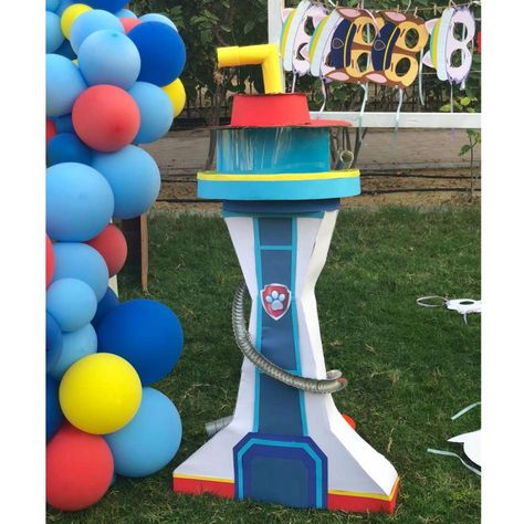 Yassin’s Paw-esome Party | CatchMyParty.com Paw Patrol Lookout Tower Diy Cardboard, Paw Patrol Outdoor Party Ideas, Paw Patrol Trunk Or Treat Ideas, Paw Patrol Trunk Or Treat, Diy Paw Patrol Decorations, Paw Patrol Birthday Party Ideas, Paw Patrol Tower, Paw Patrol Lookout, Paw Patrol Birthday Decorations