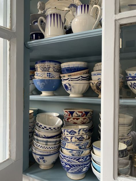 Kitchen of the Week: A Blue Kitchen in Amsterdam, Collections Included - Remodelista French Blue Kitchen, Italian Kitchen Ideas, Amsterdam Home, Dutch Kitchen, Double Glass Doors, European Kitchens, Blue Dishes, Blue Cottage, Wooden Counter