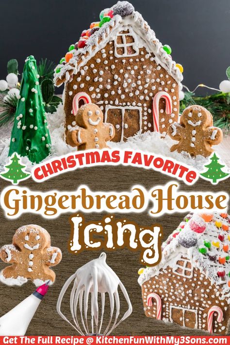 If you are building a gingerbread house for Christmas this year, then you have to try this recipe for Gingerbread House Icing. It holds the cookies together so well that you can make the best gingerbread house ever and have lots of fun while doing it! Best Frosting For Gingerbread Houses, Gingerbread Recipe For House, Ginger Bread House Recipe, Gingerbread House Recipe Dough, Icing For Gingerbread House, Recipe For Gingerbread House, Icing Gingerbread House, The Best Gingerbread House, Gingerbread Cookie House