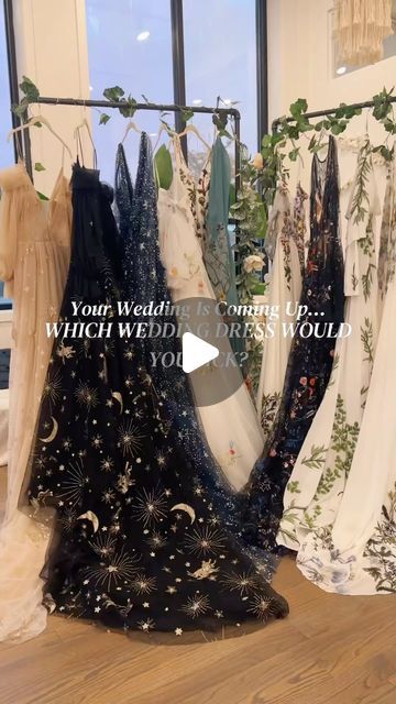 Flora & Lane on Instagram: "Tell us your favorite ✨ Night sky, Stardust Black, Midnight, Nova, Celeste, Starlight 2.0 or Aster? 🌙🌟 • #bridetobe #weddingdress #nontraditionalwedding #bridal #bridaldress #ISaidYes #Engaged #styleinspiration #BridalTrends #cottagecore #fashionreel #acotar" Starlight Wedding Dress, Night Sky Wedding Dress, Acotar Dress Ideas, Night Court Party Acotar, Acotar Wedding Dress, Night Court Aesthetic Outfits, Night Court Wedding Aesthetic, Acotar Night Court Fashion, Acotar Dresses