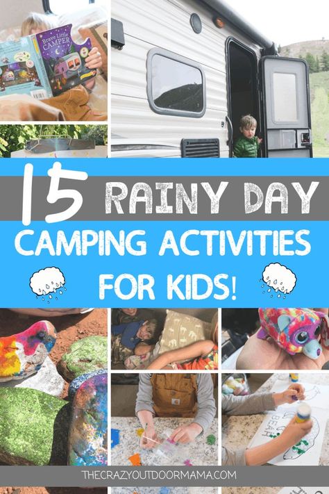 If you're going family camping this summer, then you have to be prepared for that inevitable rainy camp day! I got 15 awesome rainy day camping activities for kids to break the boredom as well as have fun together! I also included a 12 page printable camping themed kids activity pack to really get the fun going for little kiddos whether you're in an rv travel trailer or tent! #campingwithkids #campingwithkidsplanning #familycamping #rainydayactivities #campingtips #thecrazyoutdoormama Rainy Day Camping Activities For Kids, Rainy Day Camping Activities, Camping Activities For Toddlers, Cousin Sleepover, Minimalist Camping, Camping Kids, Camp Games, Camping Toys, Camp Party