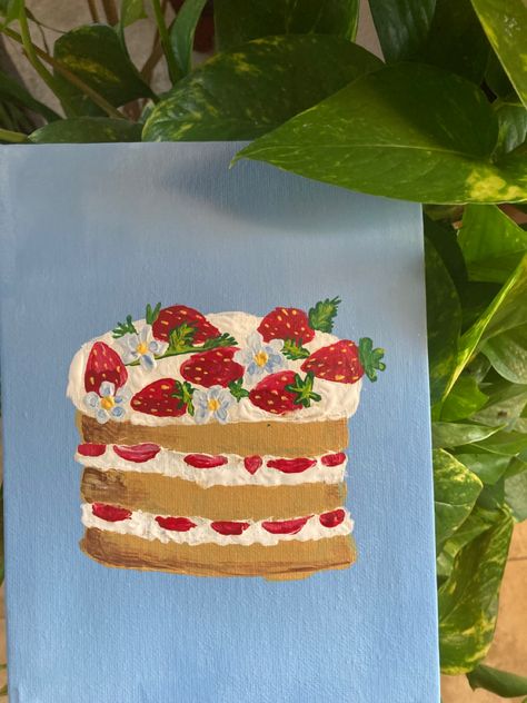 Strawberry Aesthetic Painting, Aesthetic Cake Painting, Cute Pastel Paintings Easy, Canvas Painting Strawberry, Cute Birthday Paintings, Strawberry Painting Acrylic Easy, Valentines Painting Aesthetic, Strawberry Shortcake Painting Canvas, Coquette Painting Ideas On Canvas