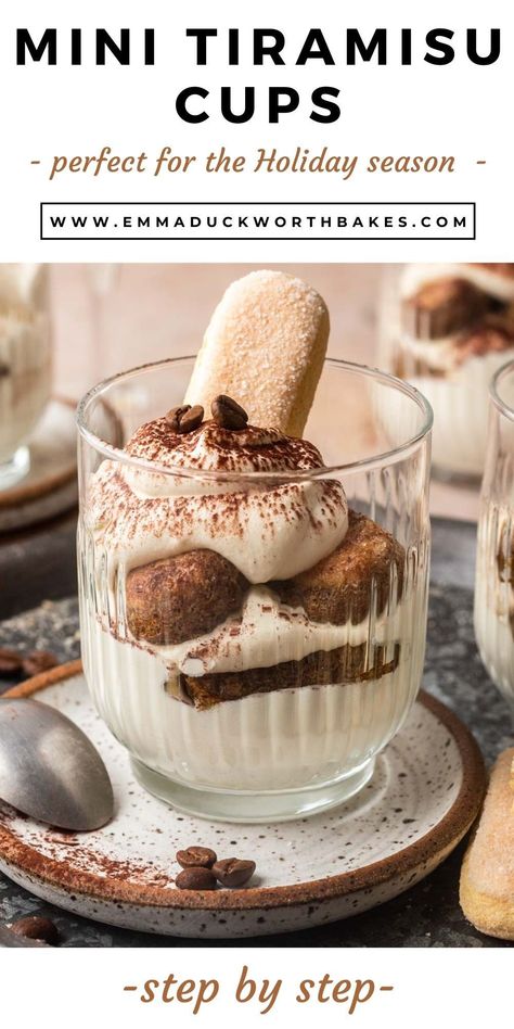 These Mini Tiramisu Cups make the most perfect individual dessert. Espresso coffee-soaked fingers layered with a creamy mascarpone filling- nothing short of divine! Tiramisu Recipe Individual, Tiramisu Individual Mini Desserts, Individual Tiramisu Cups, Mini Tiramisu Cups, Tiramisu Parfait, Individual Tiramisu, Refreshing Dessert Recipes, Mini Tiramisu, Holiday Sweet Treats