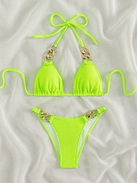 Swim Summer, Green Plain, Neon Bikinis, Verde Lima, Push Up Swimsuit, Tan Body, Swimsuit Design, Summer Lace, Women Halter