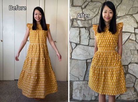 Maxi Dress Refashion, Refashion Clothes Before And After, Restyling Old Clothes, How To Alter Clothes, Dress Upcycle Diy, Sewing Transformation, Diy Old Clothes To New Fashion, Dress To Skirt Diy, Up Cycling Clothes