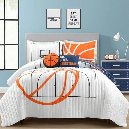 After your star youth basketball player gives it all they have on the basketball court, your child will need a cozy place to rest their head and recoup their energy for the next big game. Look no further than this bold Basketball Game Quilt Set. This fun and exciting Basketball Game Quilt Set is designed with the youth basketball player (or basketball super fan) in mind. The front features a much bolder basketball court graphic, while the reverse has a more subtle look of basketballs and backboa Boys Basketball Room Pottery Barn Teen, Fun Boys Room Basketball, Bunk Bed Basketball, Basketball Bed Cover, Kids Sports Bedroom Kohl's, Pre Teen Boys Room Bedding, Boys Sports Bed, Basketball Pillow Cases, Baskettball Pillow