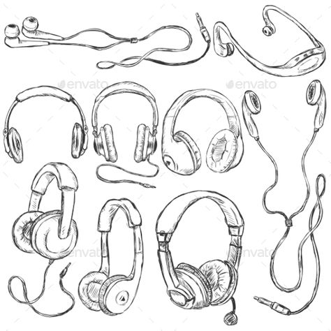 Headphones Poses Drawing, Headphone Sketch Drawings, Sketch Of Headphones, Head Phones Reference, Someone With Headphones On Drawing, Art Reference Accessories, Clothing Accessories Drawing, Headphone Poses Reference, Ear Buds Drawing