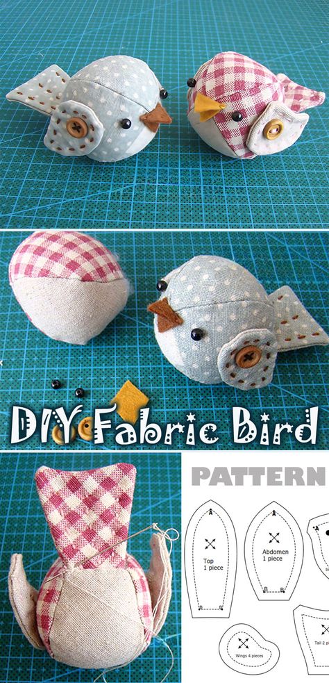 Diy Fabric Bird, Fabric Art Diy, Projek Menjahit, Sewing Machine Projects, Scrap Fabric Crafts, Folded Fabric Ornaments, Scrap Fabric Projects, Bird Free, Cute Sewing Projects