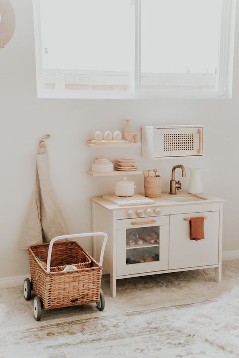 The only thing that could make us love a modern and neutral kitchen more than we usually do is if it came in an adorable miniature version for kids, which is why we’re head over heels for this modern DIY play kitchen that’s speaking right to our neutral-loving hearts! Every piece was custom created for...  Read more » Modern Play Kitchen, Cute Play Kitchen, Kids Kitchen Set Up, Ikea Duktig Kitchen Makeover, Play Kitchen Set Up Ideas, Toddler Kitchen Makeover, Ikea Toy Kitchen Makeover, Ikea Kitchen Toy, Kids Ikea Kitchen Makeover