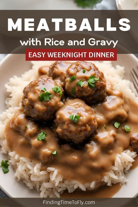 Looking for quick and easy weeknight dinners for families? Try this Southern Style Meatballs and Gravy recipe with savory, rich, and flavorful meatballs in gravy that pairs so well with rice, egg noodles, or mashed potatoes for a delicious meal the whole family will love. Easy weeknight comfort food. Meatballs Over Rice Recipes, Meatballs And Rice Gravy, Ground Beef Meatballs And Gravy, Meatballs And Gravy Over Rice, Rice And Gravy Meals, Rice With Meatballs, Sauce For Meatballs And Rice, Easy Meatballs And Gravy, Rice And Meatballs Recipes