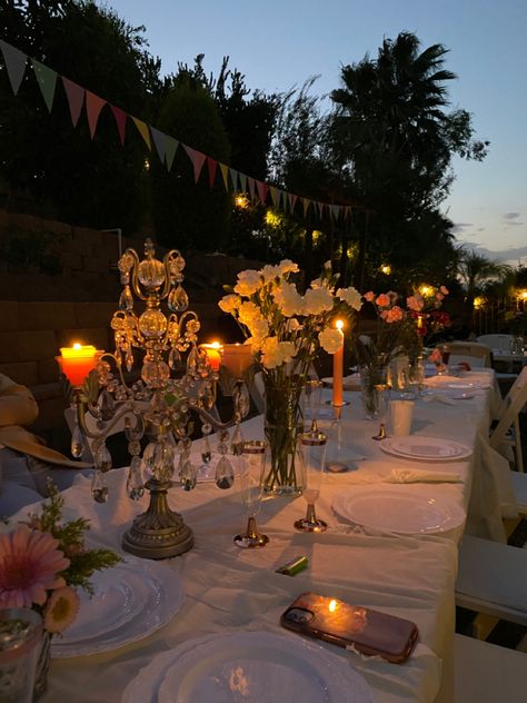 Whimsigothic Birthday Party, Fancy Birthday Dinner Aesthetic, Dinner Bday Party, Backyard Birthday Dinner Party, 21st Birthday Ideas Decorations Outdoor, Candle Dinner Party, Birthday Dinner Outside, Garden Birthday Party Aesthetic, Garden Dinner Party Aesthetic