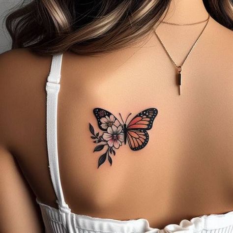 Feather With Butterflies Tattoo, Unique First Tattoo Ideas, Now She Flies With Butterflies Tattoo, Back Of Neck Butterfly Tattoo, Butterfly Memorial Tattoo Ideas, Hip Tattoo Cover Up Ideas, Ankle Tattoos For Women Classy, Single Butterfly Tattoo, Butterfly Flowers Tattoo