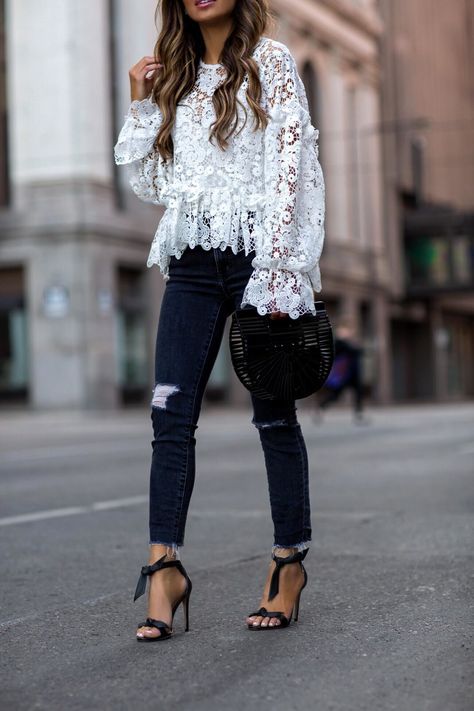 Alexandre Birman Clarita Outfit, White Lace Shirt Outfit, Lace Shirt Outfit, White Cat Eye Sunglasses, White Tops Outfit, Spring Favorites, Mia Mia Mine, White Lace Shirt, Mia Mia