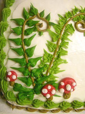 mushroom and fern cake by loveandkitsch Candy Land Cake, Candy Land Game, Fairy Garden Cake, Iced Gingerbread, Mushroom Cake, Sheet Cake Designs, Birthday Cake Decorating Ideas, Buttercream Decorating, Birthday Sheet Cakes