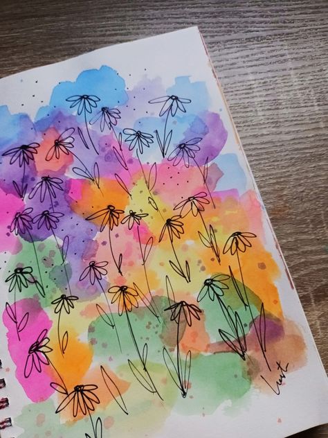 Easy Art Inspo Painting, Happy Watercolor Paintings, Watercolor Washi Tape Art, Watercolor Art Projects High School, Watercolor Doodle Ideas, Kid Watercolor Ideas, Summer Watercolor Ideas, Simple Pastel Art, Whimsical Watercolor Art