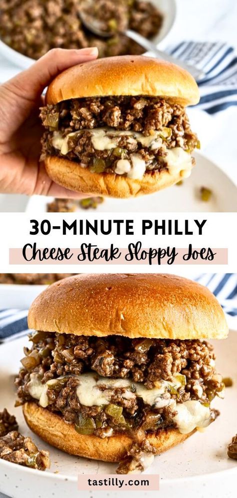 These are not your classic Sloppy Joes. Philly Cheese Steaks Sloppy Joes are a delicious cheesy twist on the original that your family will love. All the ingredients used in the regular sandwiches, but using ground beef! Store Bought Meals, Philly Cheese Steak Sloppy Joes, Cheese Steak Sloppy Joes, Cheesesteak Sloppy Joes, Philly Cheesesteak Sloppy Joes, Cheese Steak Sandwich, Carlsbad Cravings, Sloppy Joes Recipe, Philly Cheese