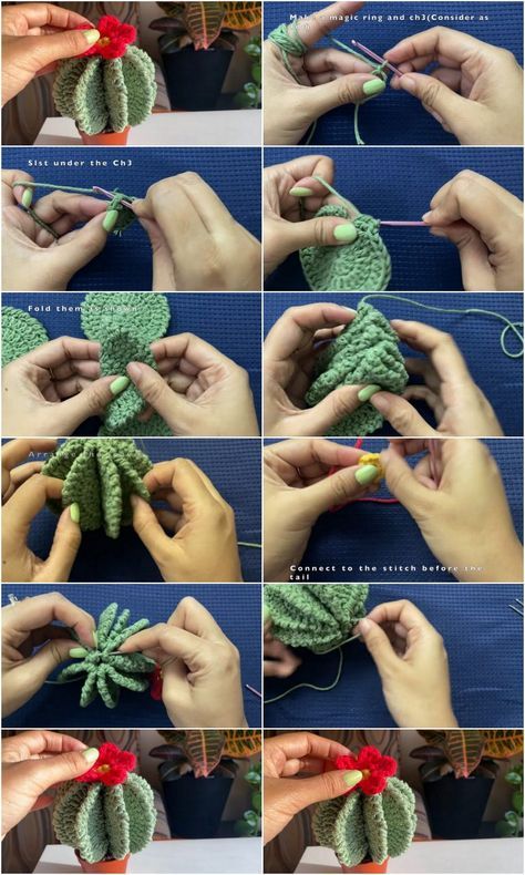 Crochet Cactus Patterns Crochet Fence Post Cactus Free Pattern, Crochet Cactus Hat Pattern, Cactus Amigurumi Free Pattern, Crochet Potted Plants Free Pattern, Diy Crochet Cactus, Desert Crochet, Crocheted Plants, Crochet Cactus Free Pattern, Crochet Leaf Patterns